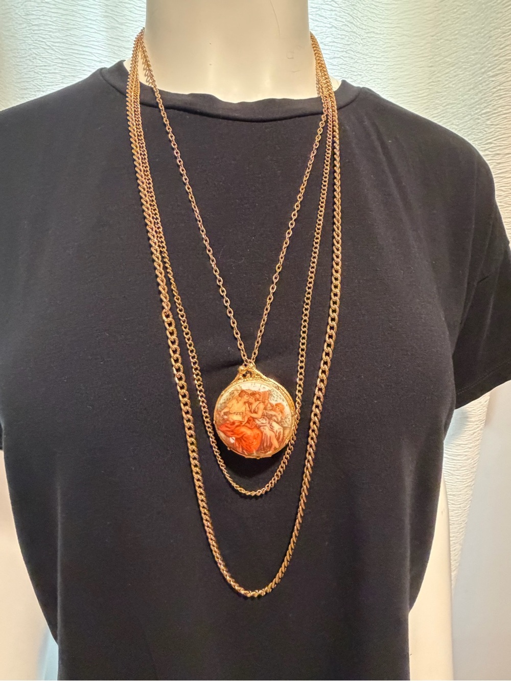 Vintage Layered Gold-Tone Necklace with Orange Cameo Locket